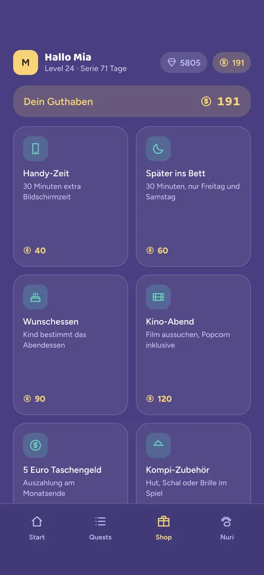 Der Shop in der Kinder-Ansicht: das Guthaben oben, darunter
                    Belohnungen wie Handy-Zeit, später ins Bett und
                    Wunschessen mit ihren Preisen in Punkten.